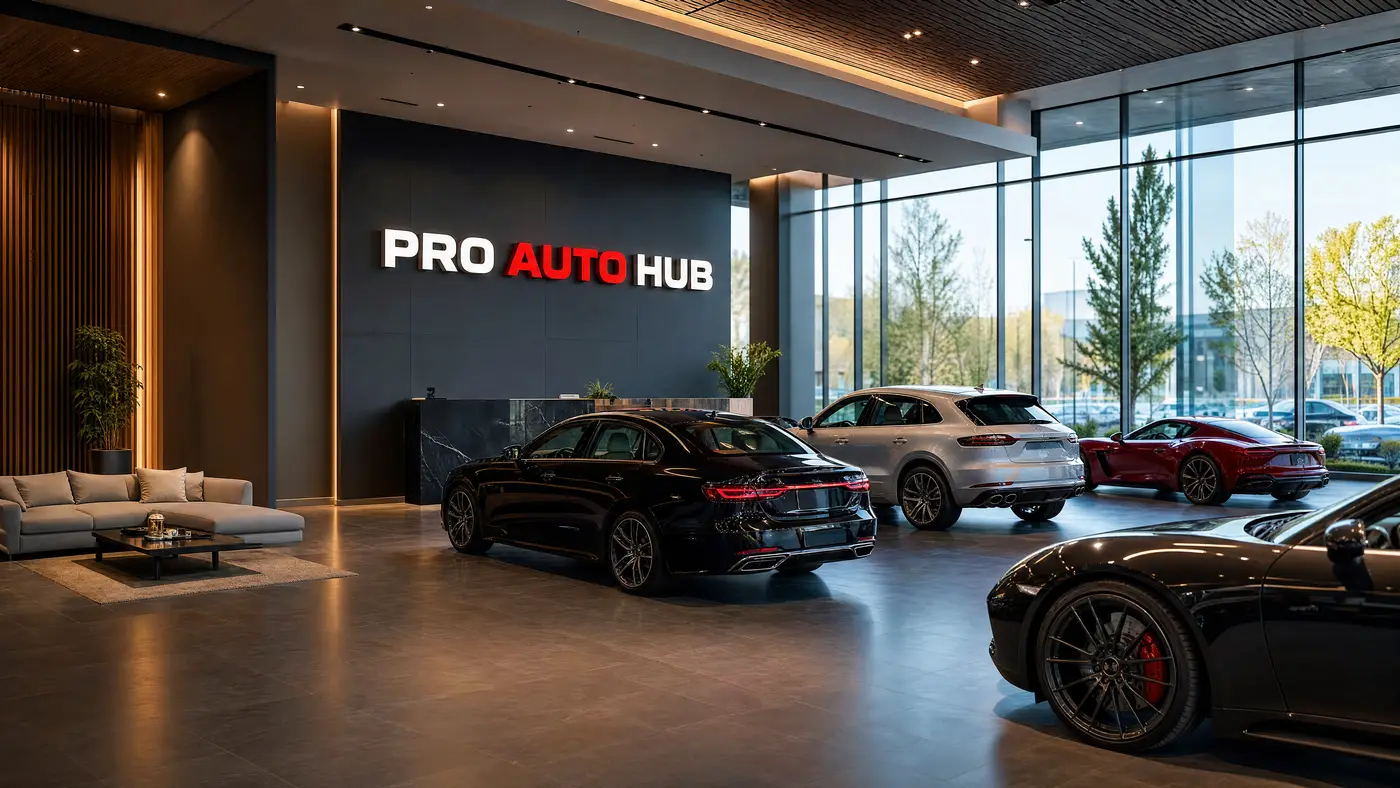 Pro Auto Hub showroom interior with vehicles on display