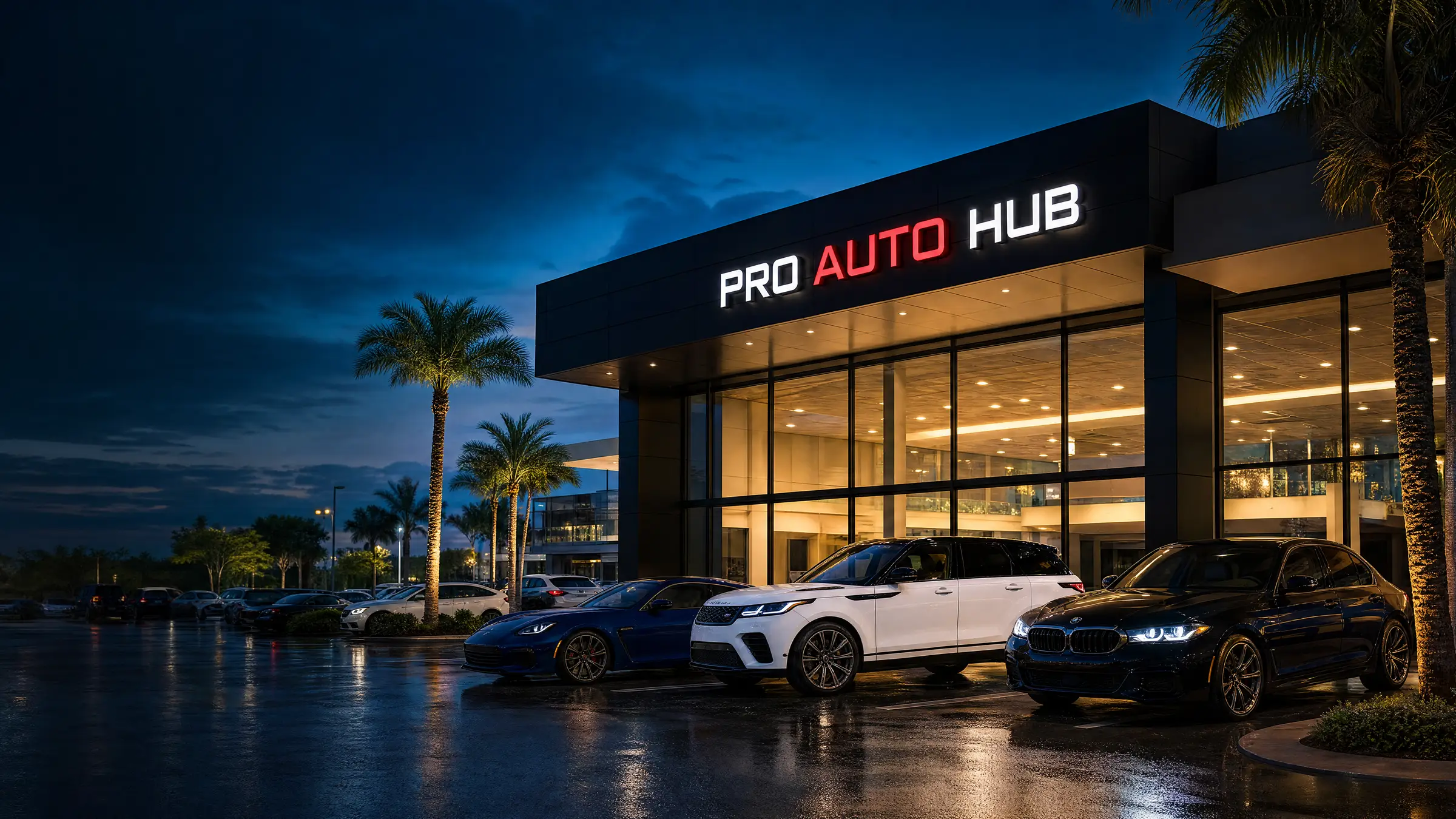 Pro Auto Hub dealership storefront at night with vehicles on display